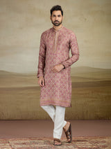 Light brown printed kurta suit in viscose silk