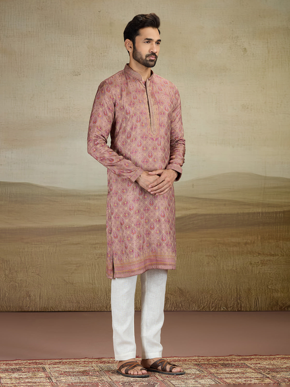 Light brown printed kurta suit in viscose silk