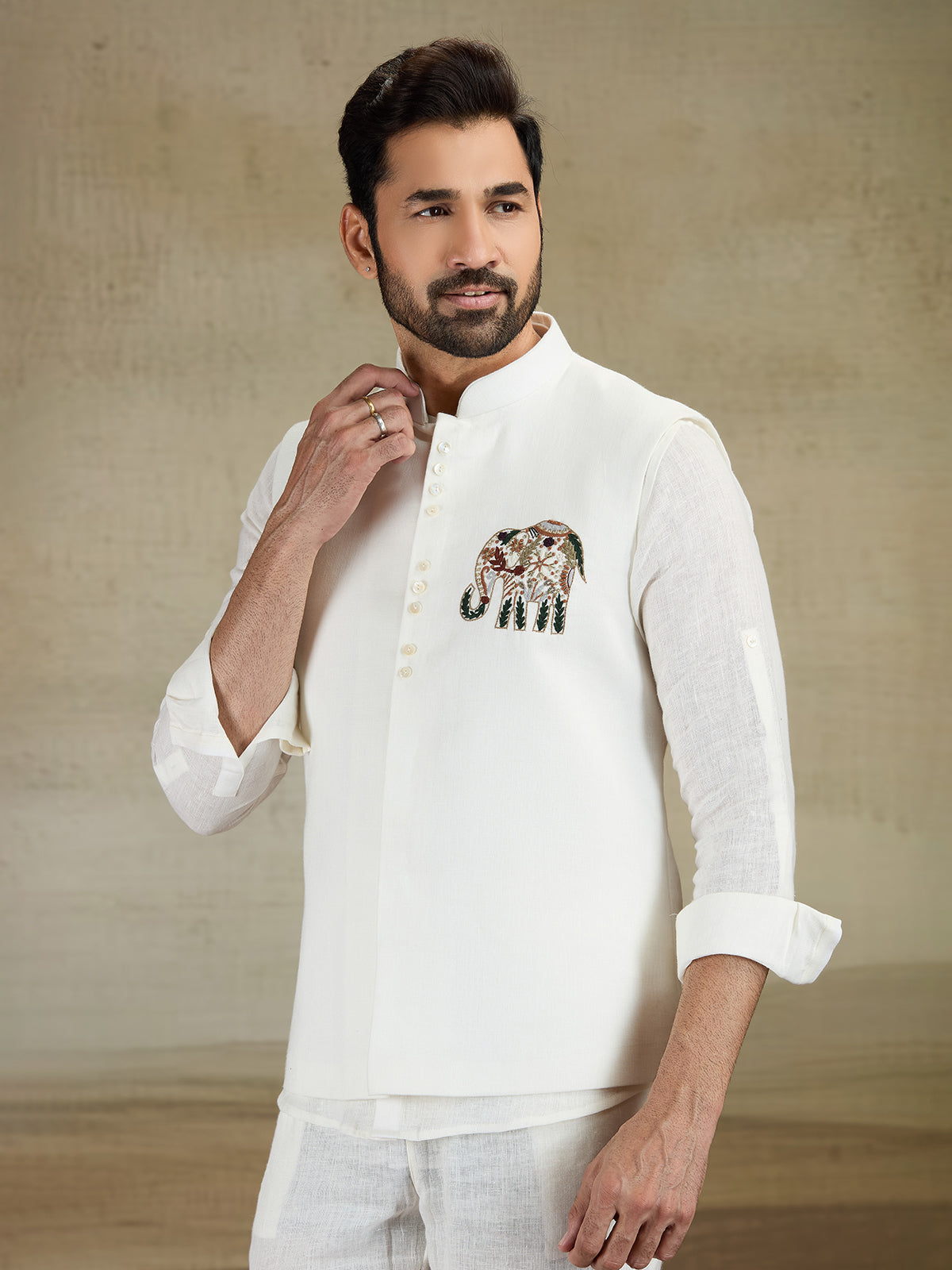 Off white linen waistcoat set for festive grace