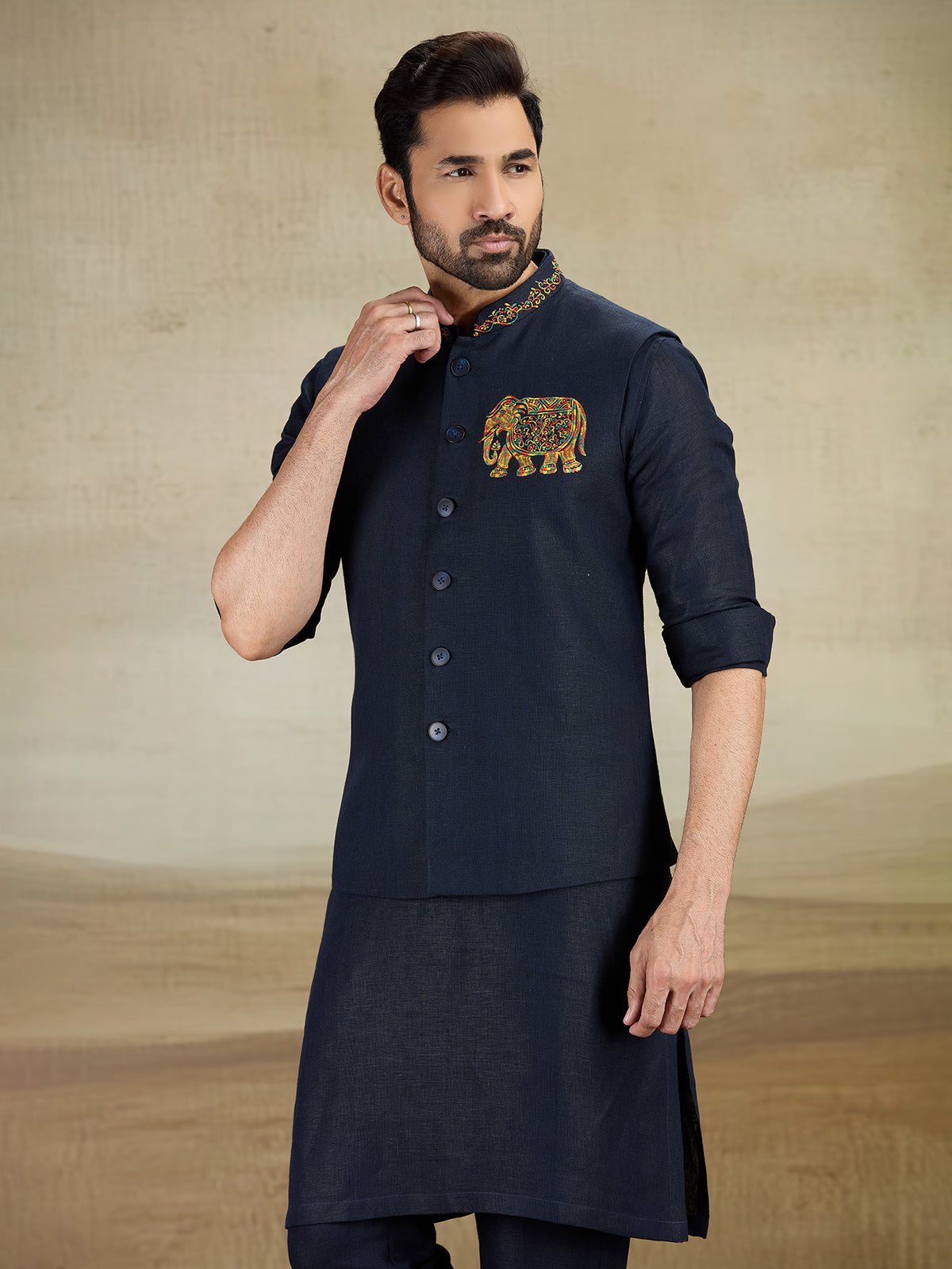 Navy linen waistcoat set with embroidery work