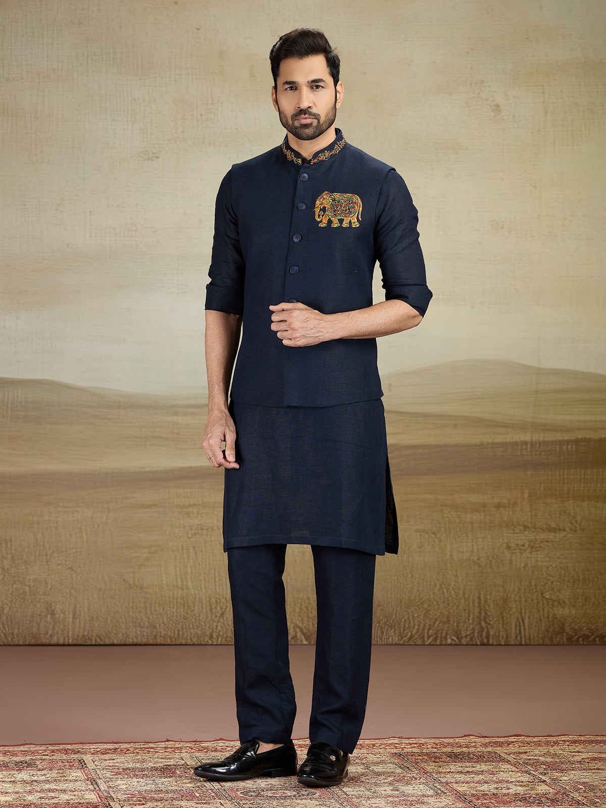Navy linen waistcoat set with embroidery work