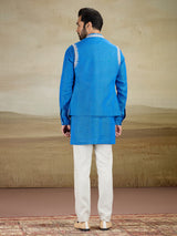 Aqua blue embrodered linen waistcoat set