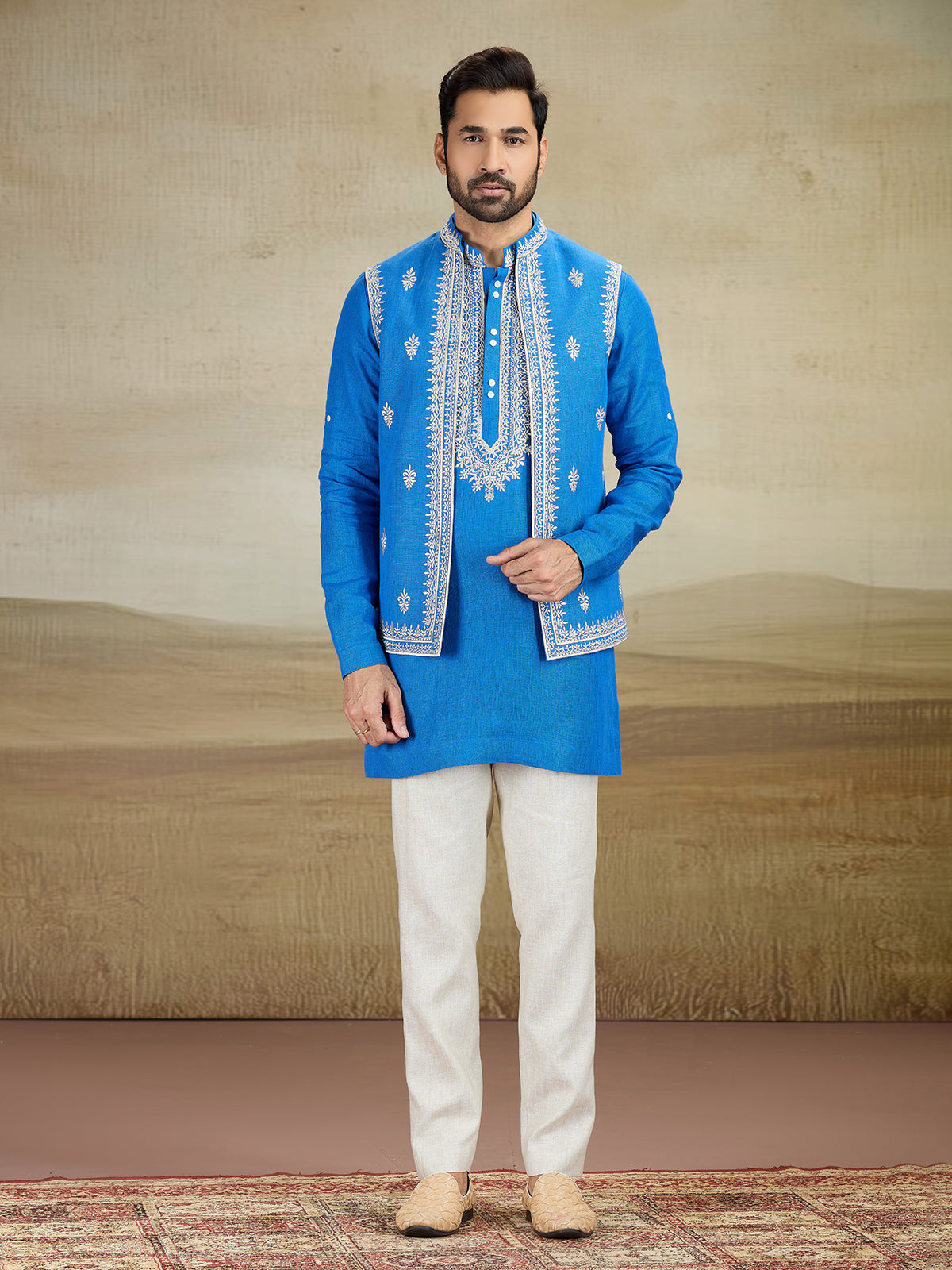 Aqua blue embrodered linen waistcoat set