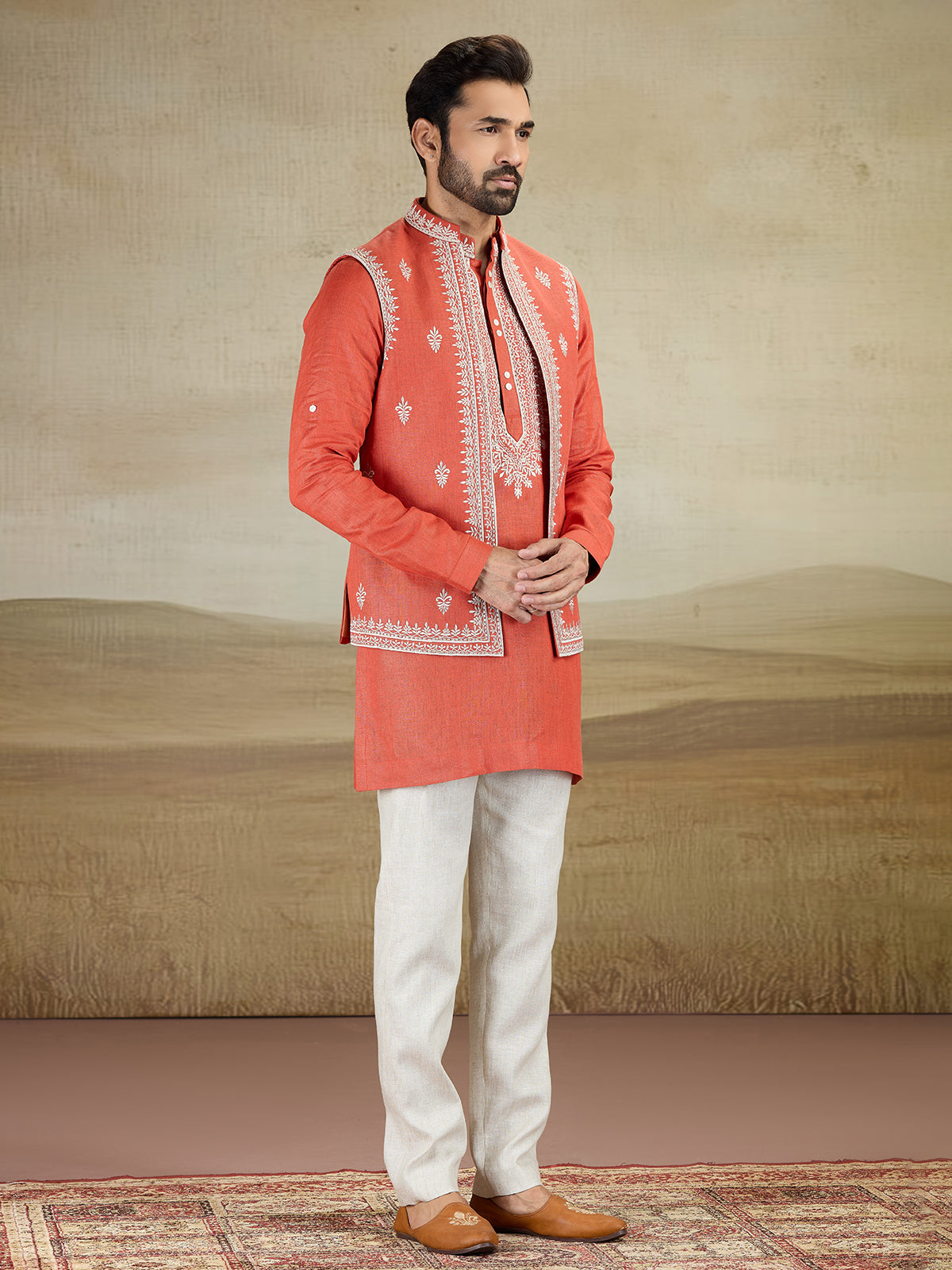 Rust orange linen waistcoat set with embroidery