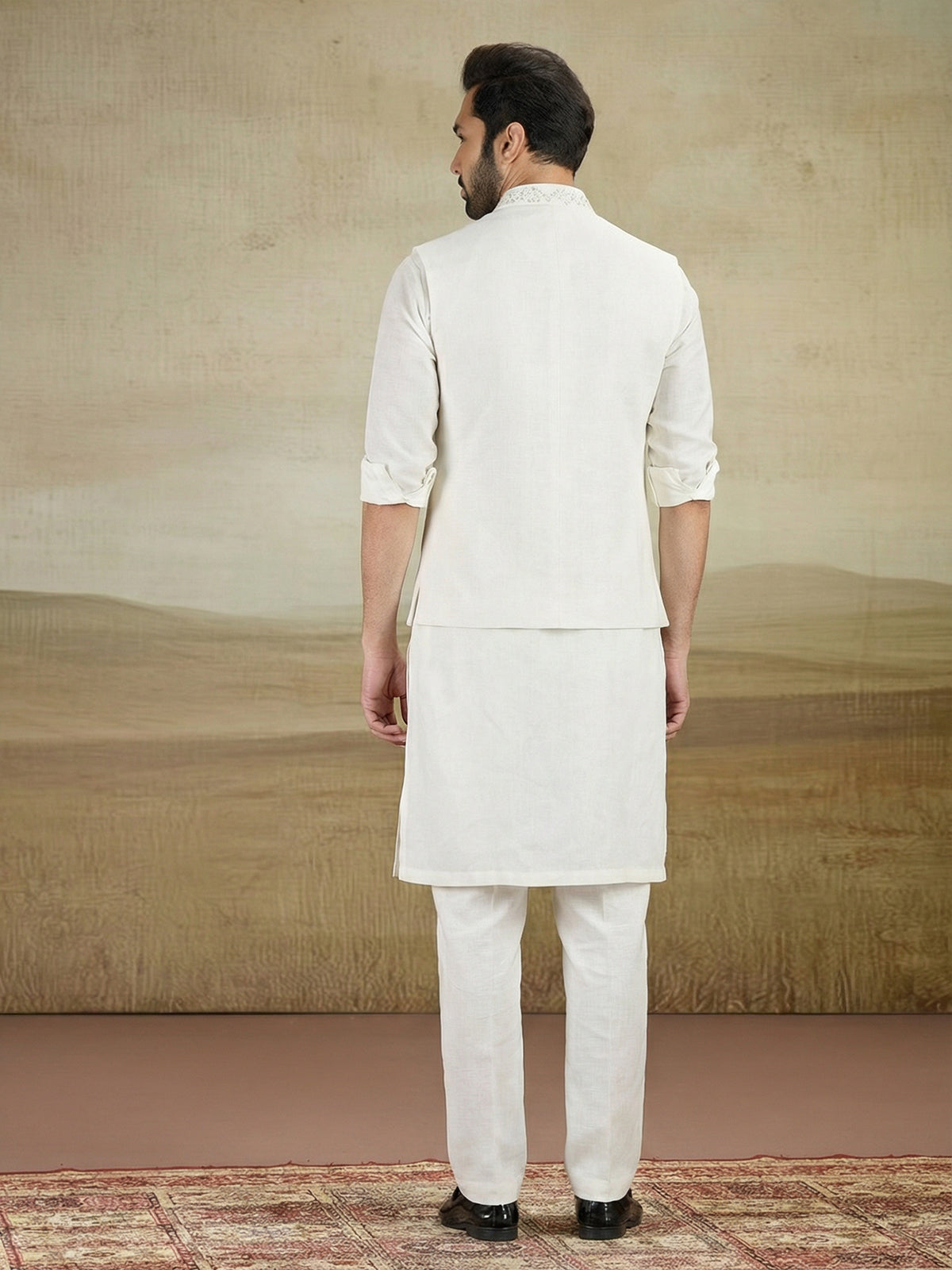 Off white linen waistcoat set for wedding wear