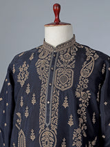 Navy blue silk kurta suit with thread detaling