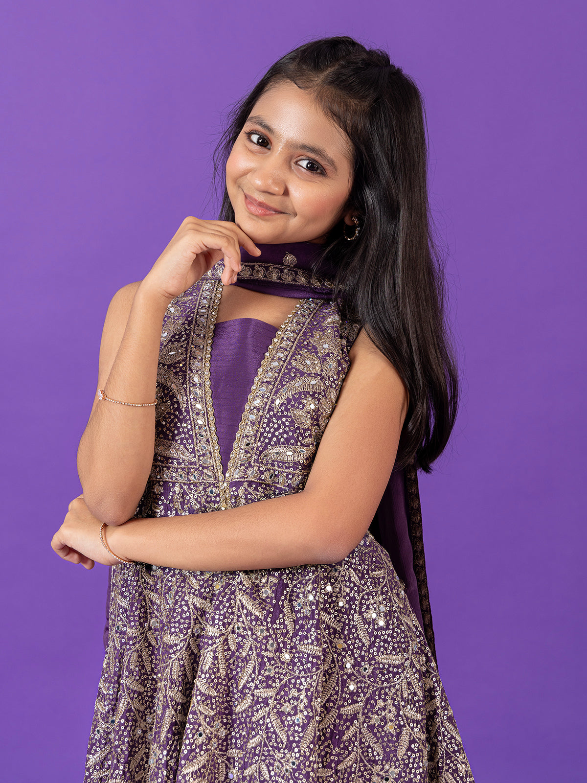 Purple silk sleeveless sharara ensemble