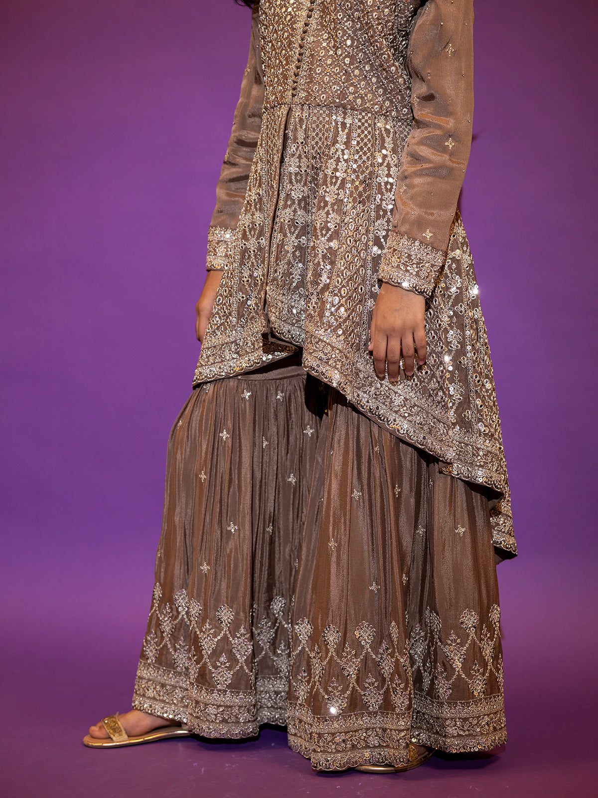 Coffee color silk sharara suit with dupatta
