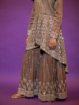 Coffee color silk sharara suit with dupatta