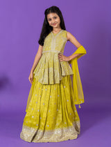 Green silk lehenga choli with mirror and stone detailing