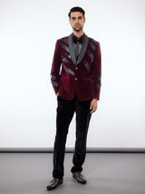 Maroon reception wear velvet coat suit in shawl lapel collar
