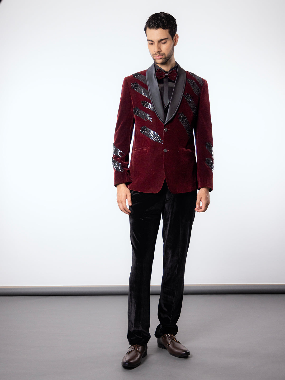 Maroon reception wear velvet coat suit in shawl lapel collar