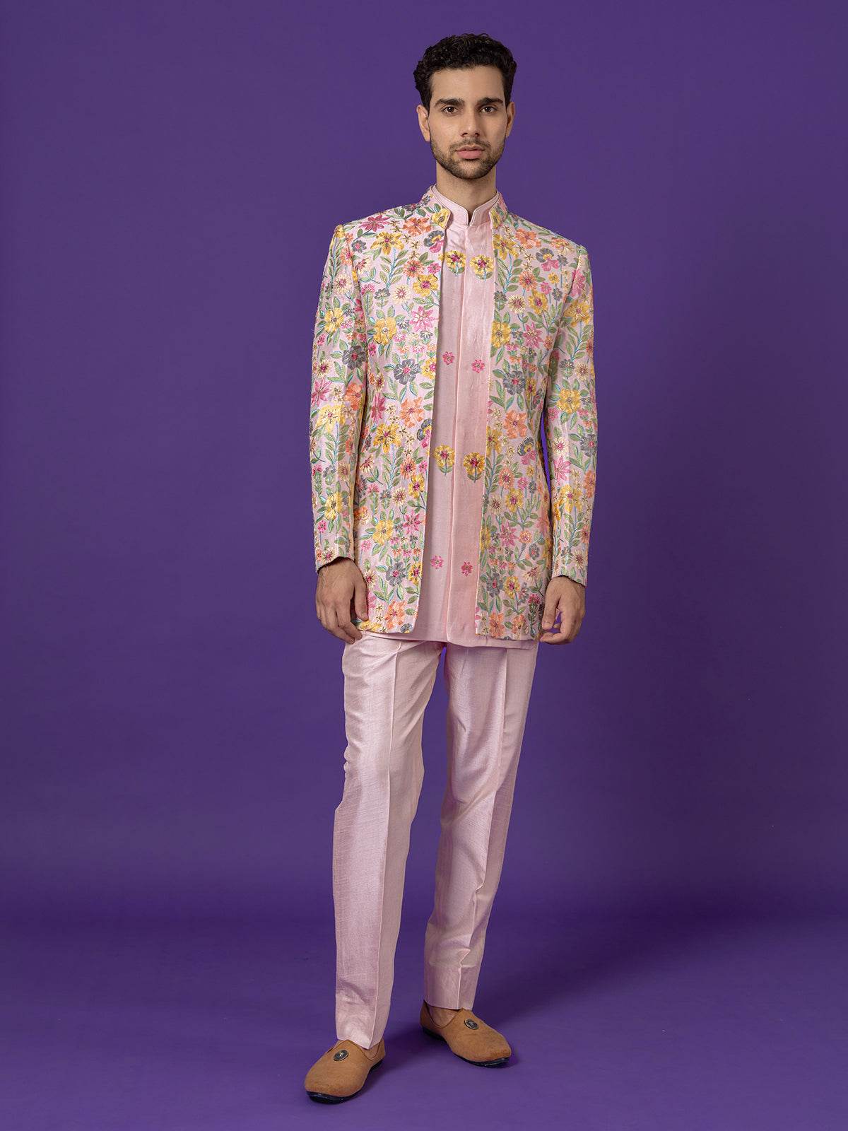 Light pink silk indowestern set with embroidery