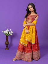 Red silk bandhej print lehenga choli with stones work for girls