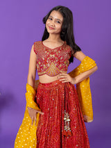 Red silk bandhej print lehenga choli with stones work for girls