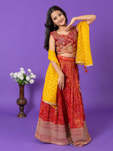 Red silk bandhej print lehenga choli with stones work for girls