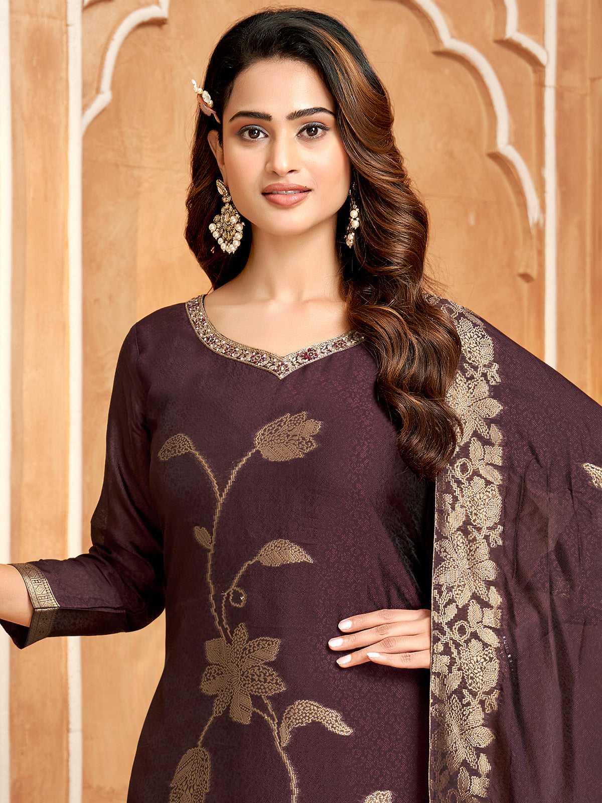 Dark wine zari worked silk salwar suit