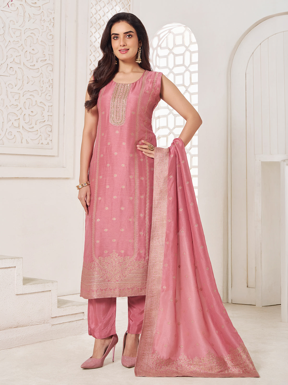 Light pink silk festive wear salwar suit