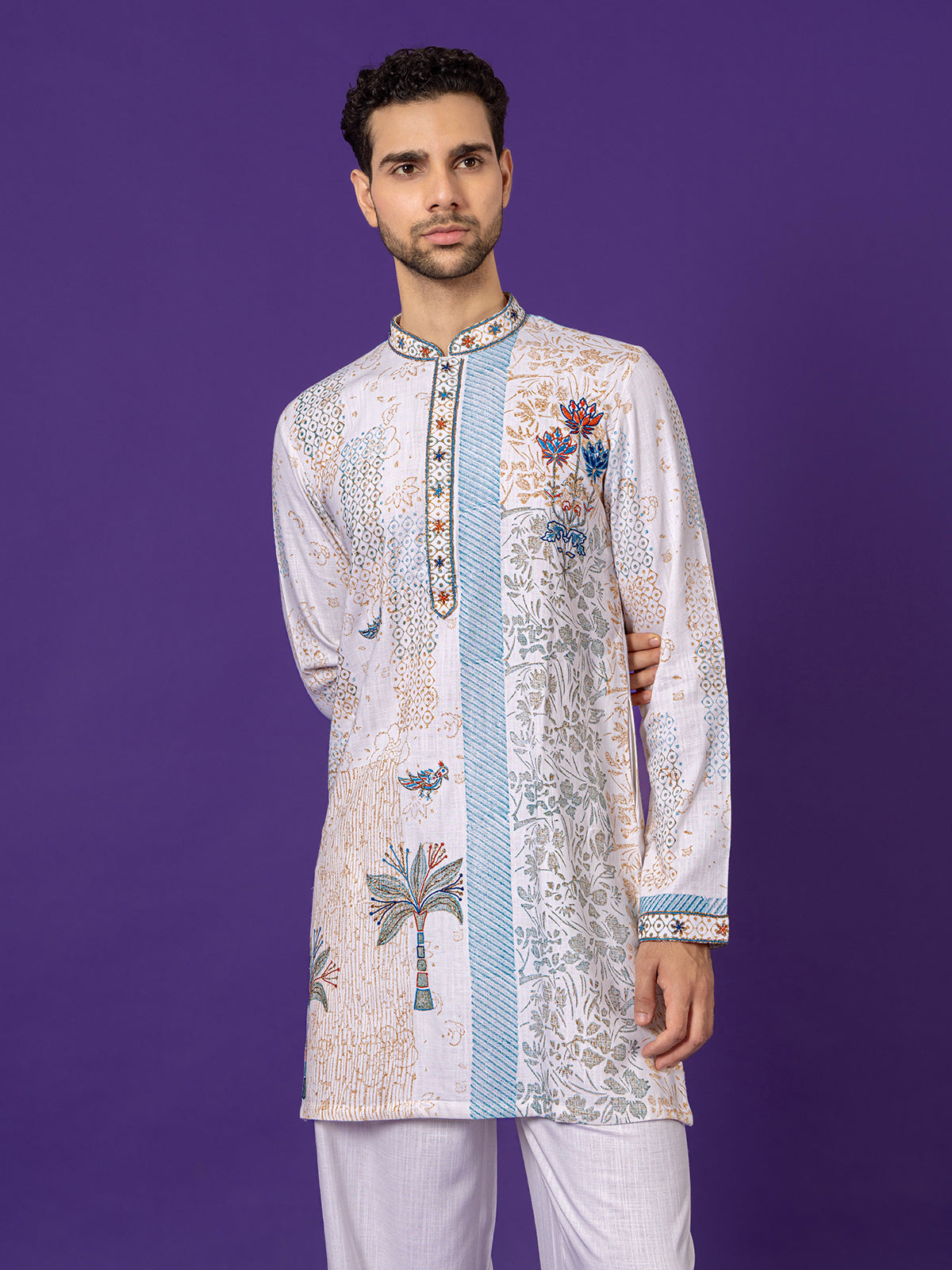 White cotton printed kurta suit for men eid wear