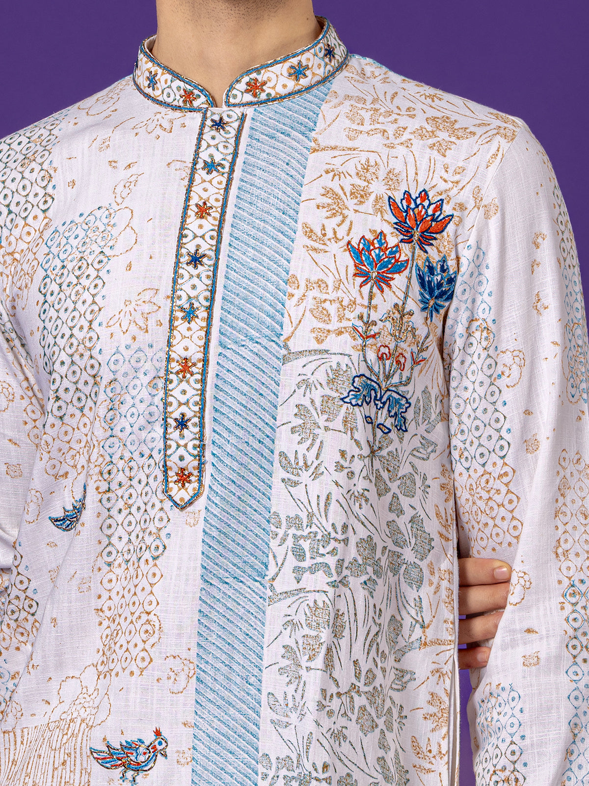 White cotton printed kurta suit for men eid wear