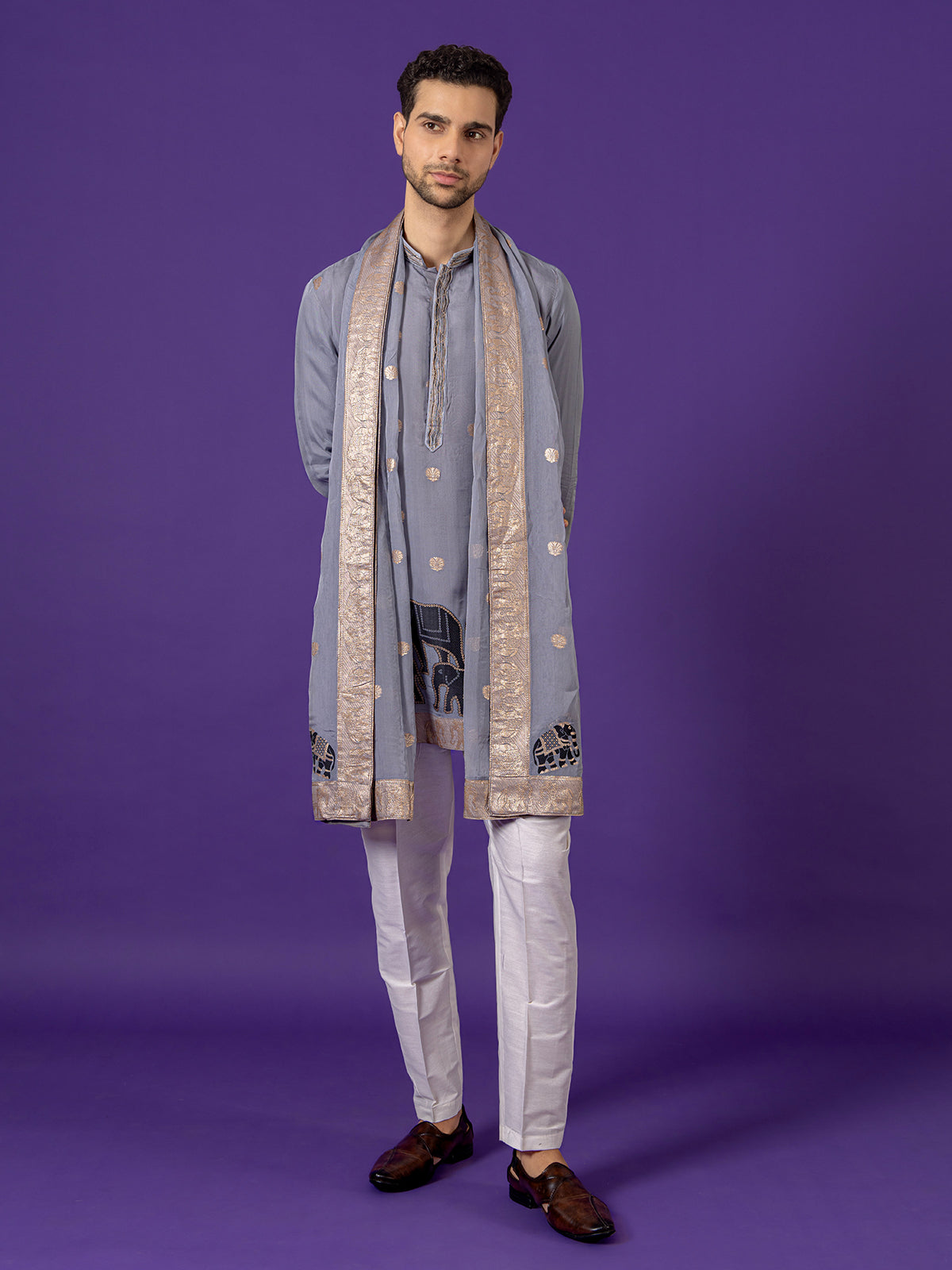 Grey festive wear cotton silk salwar suti