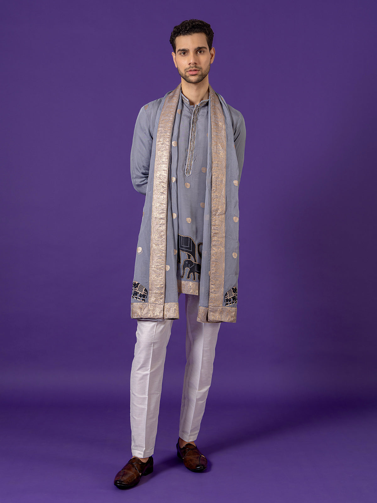 Grey festive wear cotton silk salwar suti