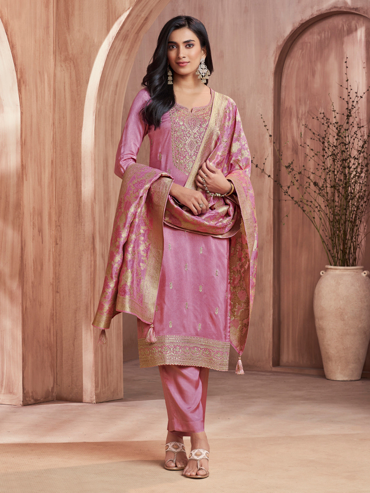 Light pink zari worked silk kurti set
