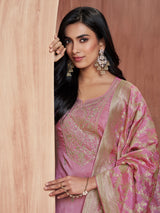 Light pink zari worked silk kurti set