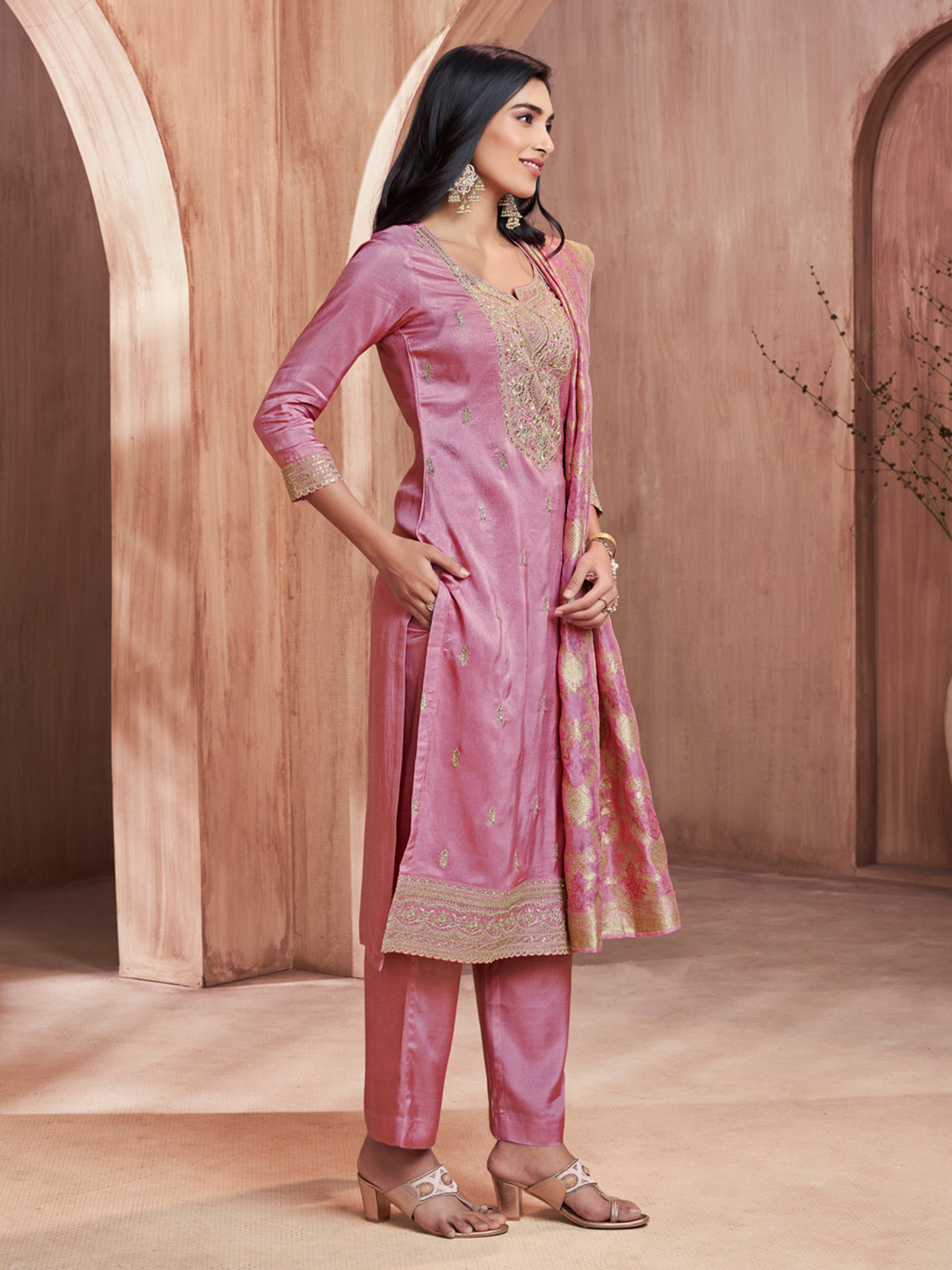 Light pink zari worked silk kurti set