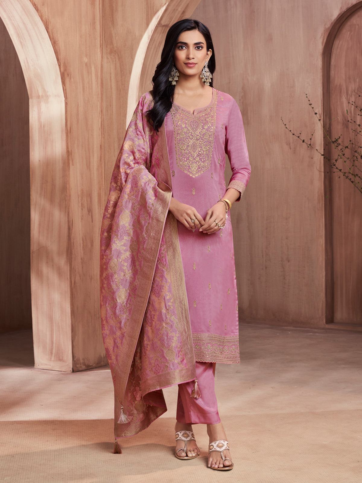 Light pink zari worked silk kurti set