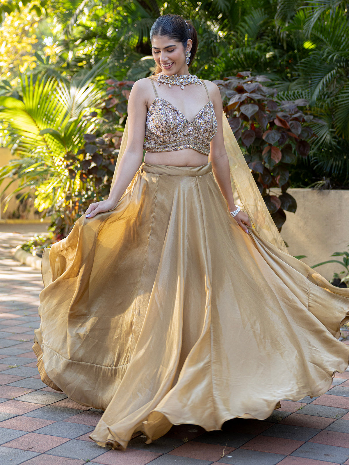 Beige organza designer lehenga choli with aabla and pearl work