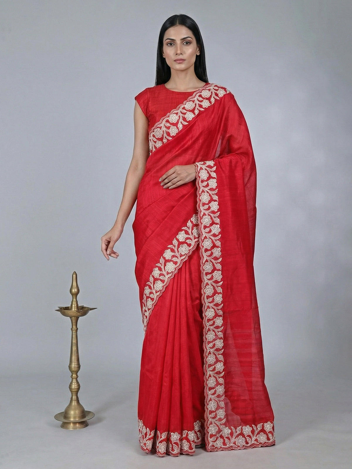 Red semi tissue silk saree with cutworked border