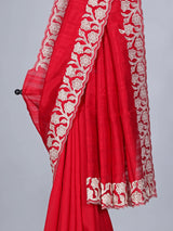 Red semi tissue silk saree with cutworked border