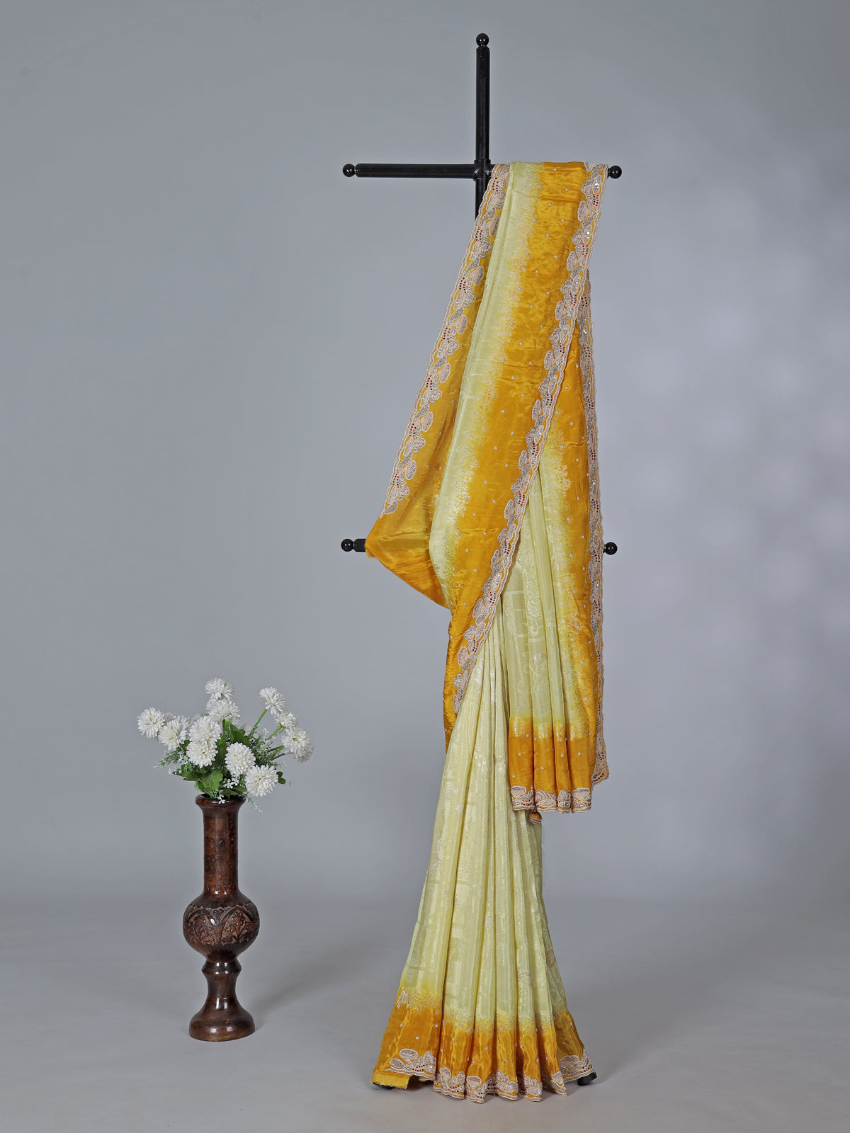 Yellow chinya silk shaded saree for wedding