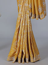 Yellow beads worked dola silk saree for wedding
