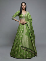 Green wedding wear silk lehenga choli with zari glow