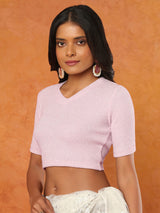 Pink knitted V-neck half sleeve readymade blouse