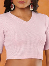 Pink knitted V-neck half sleeve readymade blouse