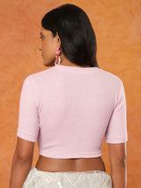 Pink knitted V-neck half sleeve readymade blouse
