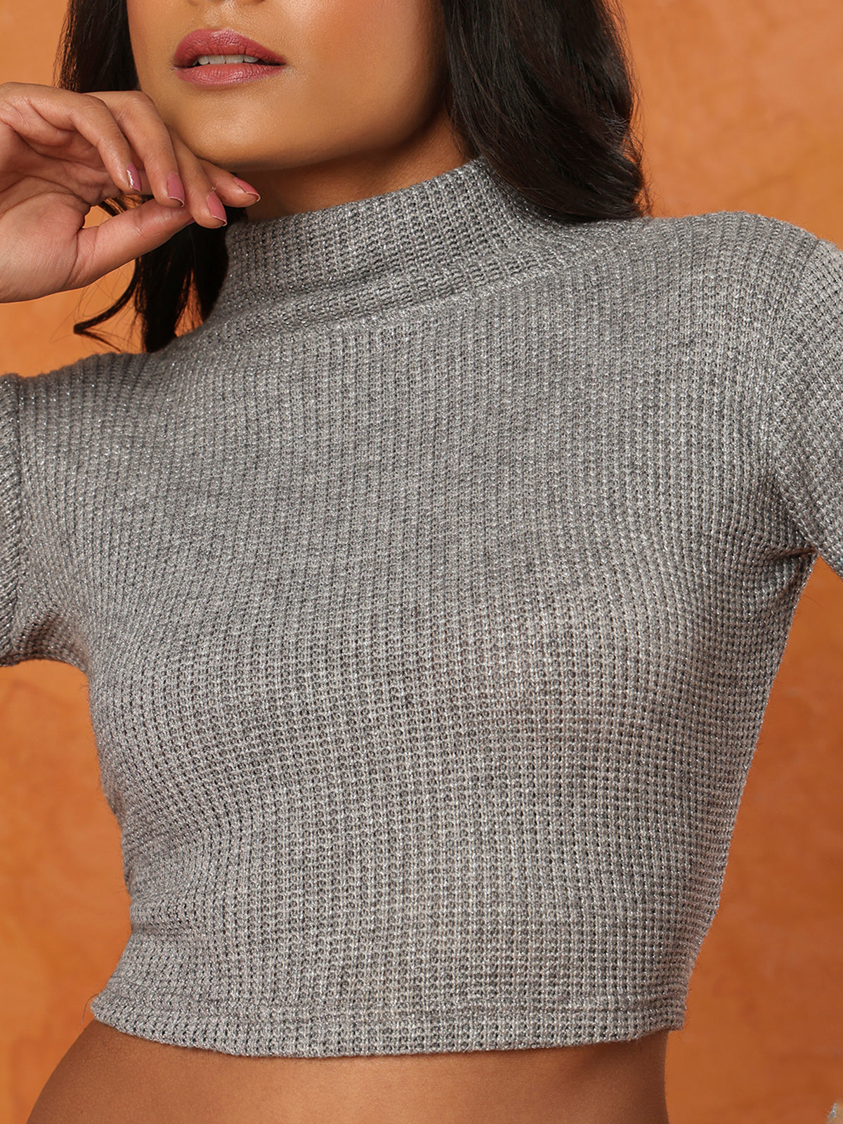 Grey knitted halter neck full sleeve readymade blouse