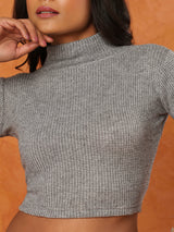 Grey knitted halter neck full sleeve readymade blouse
