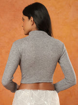 Grey knitted halter neck full sleeve readymade blouse