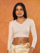 Beige knitted V-neck quarter sleeve readymade blouse