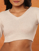 Beige knitted V-neck quarter sleeve readymade blouse