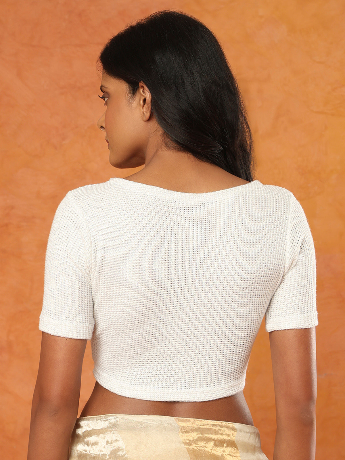 Off white knitted round neck half sleeve readymade blouse