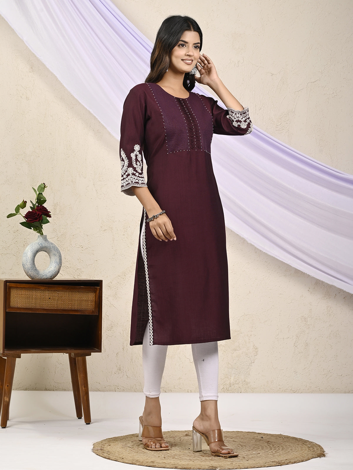 Purple cotton silk embroidered sequins and beads kurti