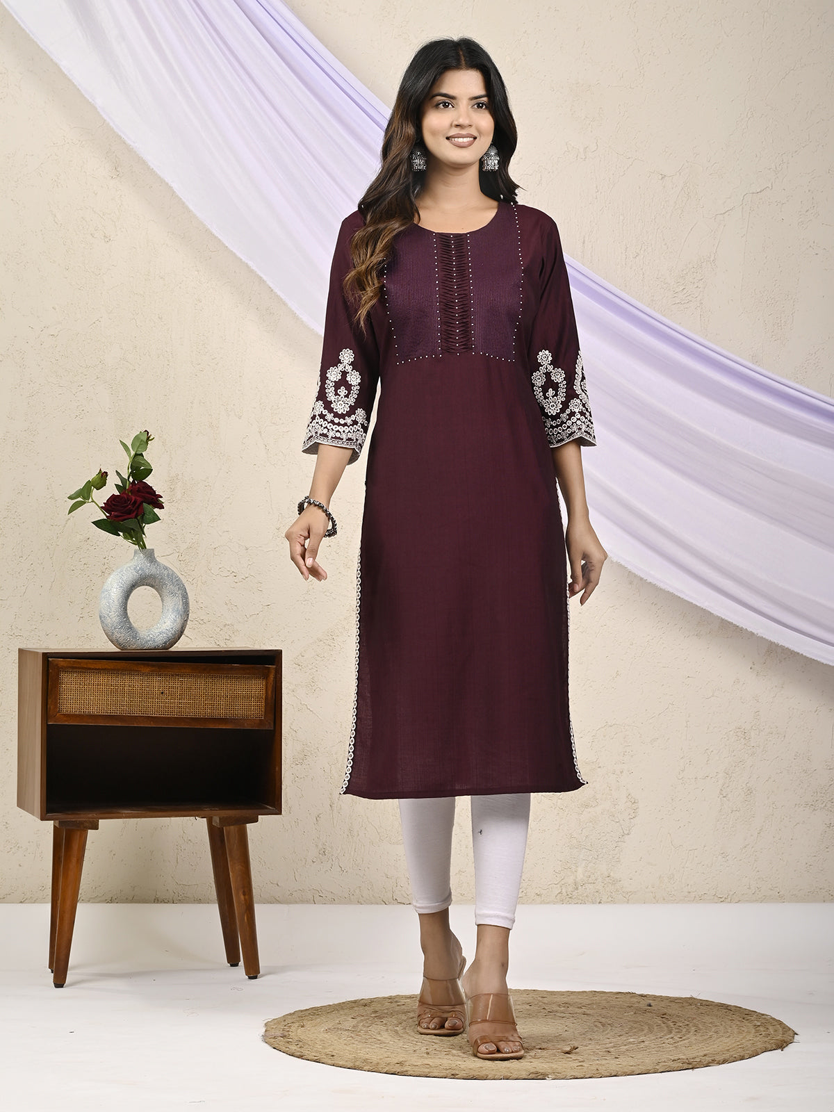 Purple cotton silk embroidered sequins and beads kurti