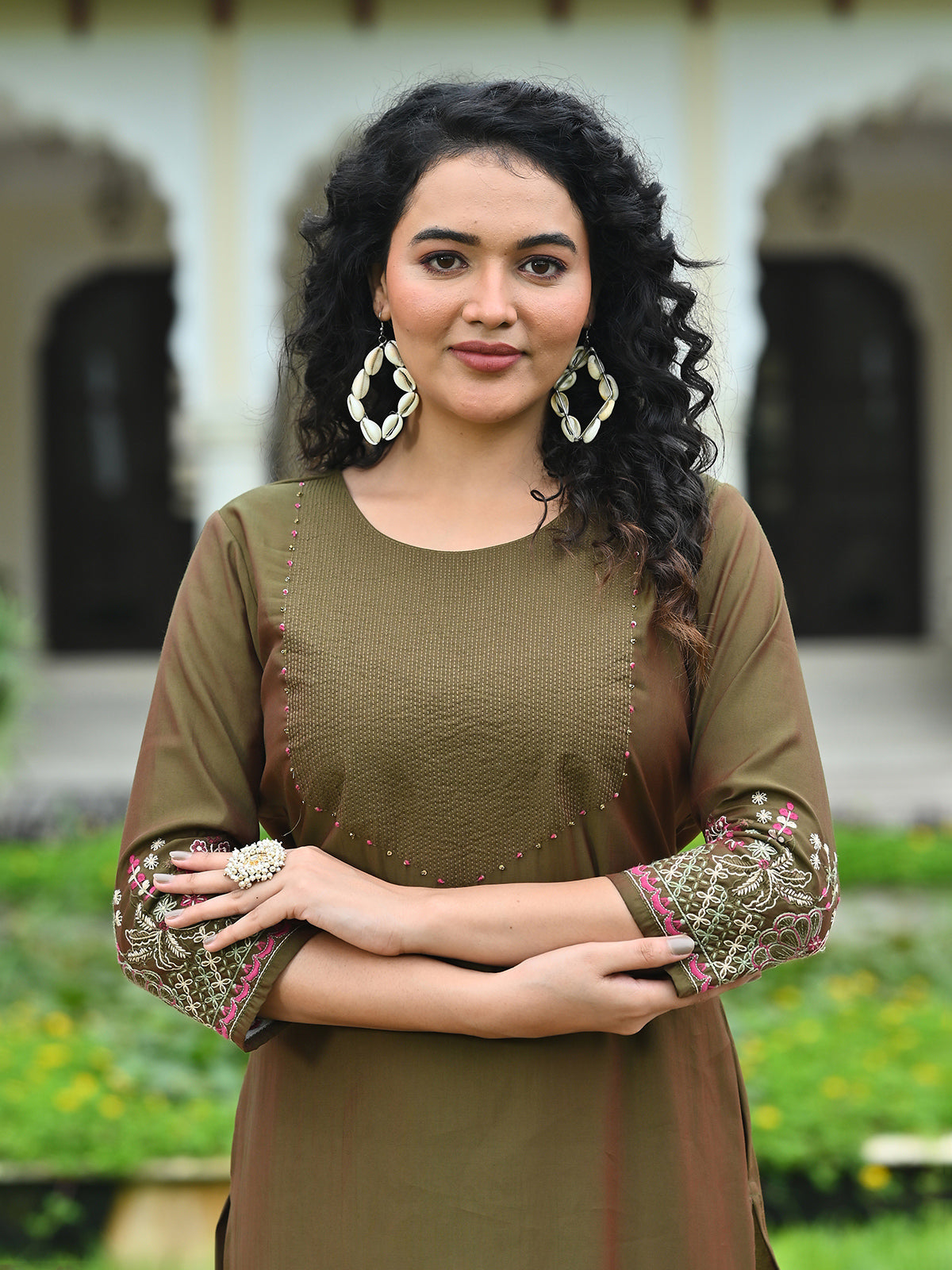 Olive cotton silk threadwork embroidered sequins kurti