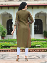 Olive cotton silk threadwork embroidered sequins kurti