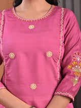 Pink cotton silk aabla embroidered threadwork kurti